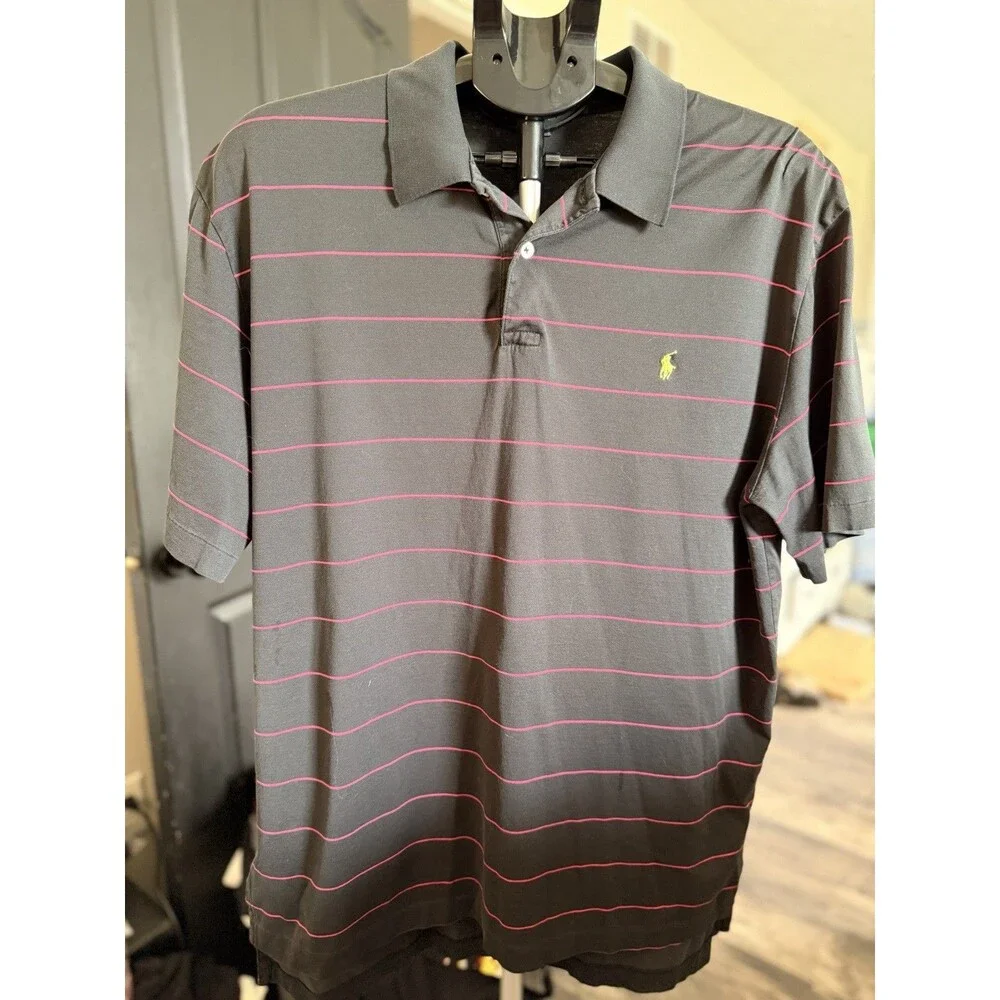 Vintage Men’s Polo Ralph Lauren Pink Strip Navy Polo Shirt Size L 90s